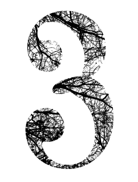 Number three made from black tree branches with clipping path — Stock Photo, Image