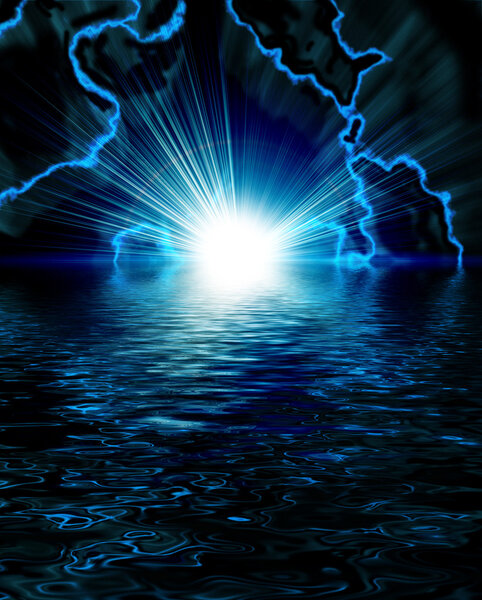 Bright blue flash with lightning in the night sky