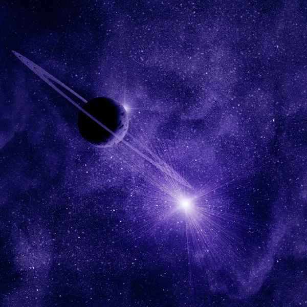 Planet mit Ringen gegen die Sonne im blauen Raum — Stockfoto