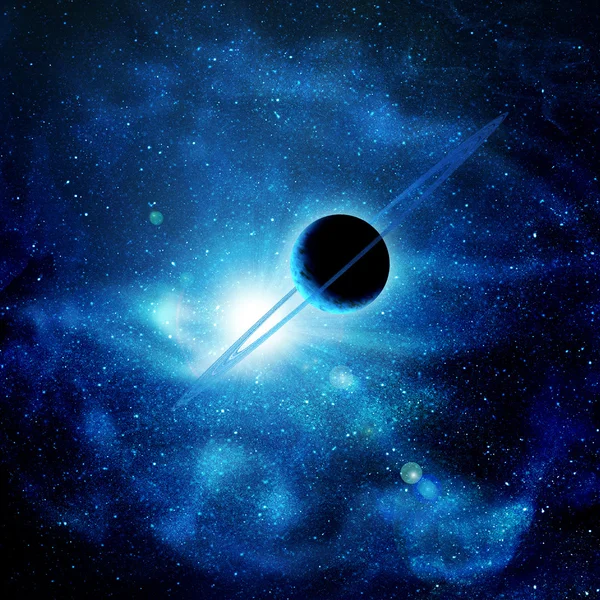 Planet mit Ringen gegen die Sonne im blauen Raum — Stockfoto