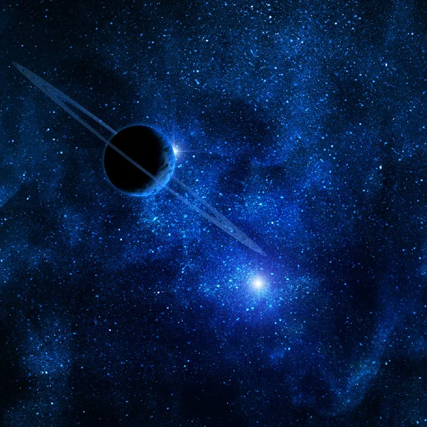 Planeta com anéis contra o sol no espaço azul — Fotografia de Stock