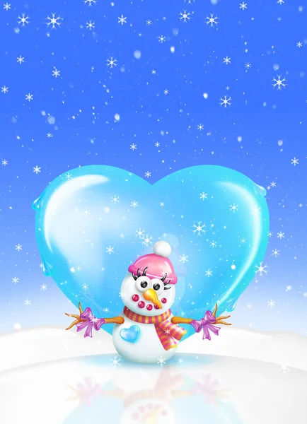 Snowman cartão de saudação com coração — Fotografia de Stock