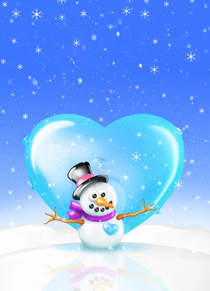 Tarjeta de felicitación muñeco de nieve con corazón — Foto de Stock