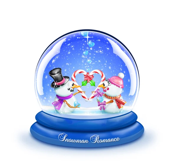 Globo de nieve de dibujos animados con muñeco de nieve y mujer de nieve — Foto de Stock