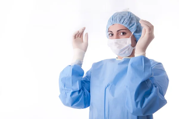 Enfermeira feminina estéril ou médica com as mãos para cima — Fotografia de Stock