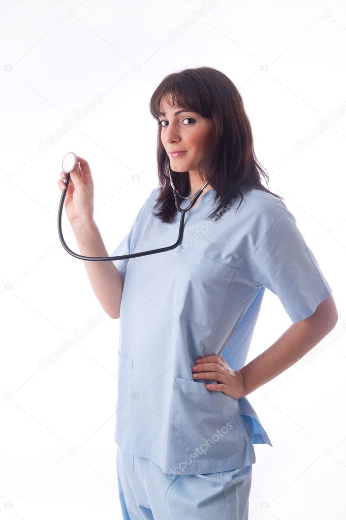 Female doctor with stethoscope earing