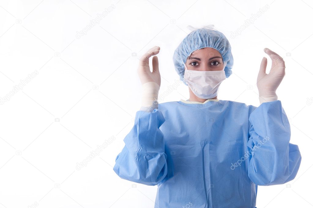 Sterile feminine nurse or doctor with the hands up