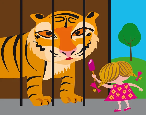 Child and tiger at the zoo — Stock Vector