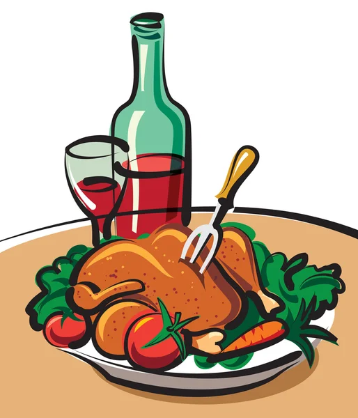 Roast chicken and red wine — Stock Vector