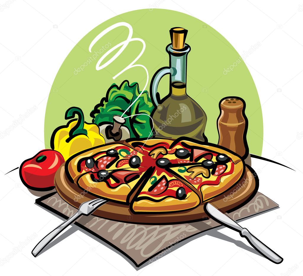 Pizza, olive oil and vegetables