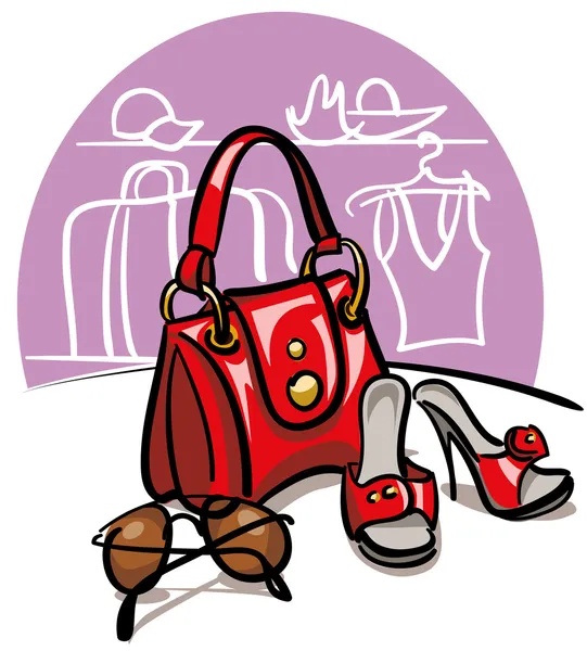 Bayan çanta, Ayakkabı ve güneş gözlüğü — Stok Vektör