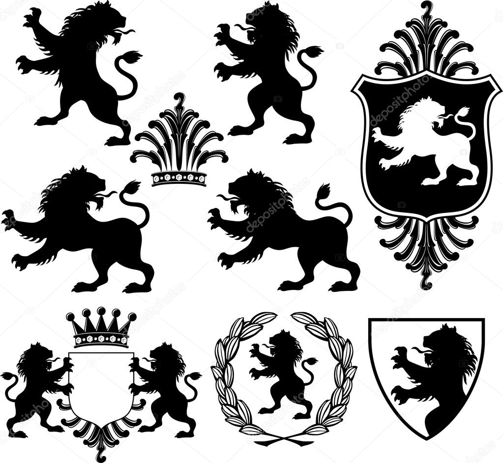 Set of vector black heraldry silhouettes including lions, crowns, shields and garland