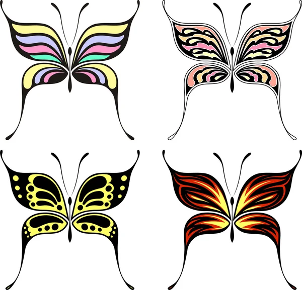 Conjunto de cuatro diseños de mariposas aisladas sobre fondo blanco — Vector de stock
