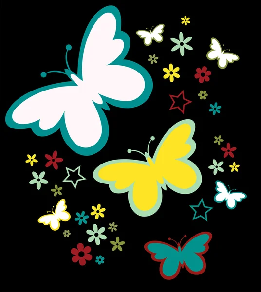 Design av fjärilar silhuetter och blommor — Stock vektor
