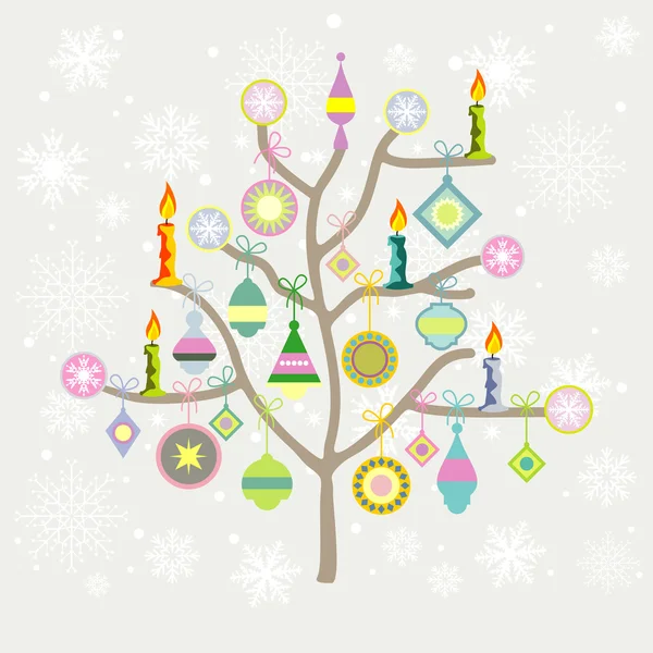 Kerstkaart met boom en sneeuwvlokken — Stockvector