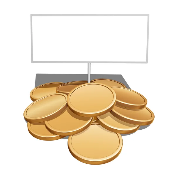 Arany érmék és üres jelzőtábla — Stock Fotó