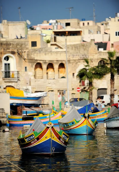 The maltese fishing village, colorful boats — Stok fotoğraf