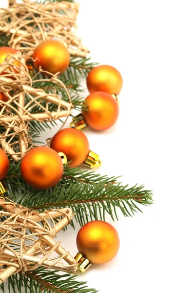 Frontera navideña con adornos naranjas y estrellas doradas —  Fotos de Stock