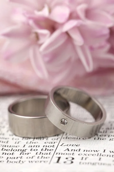 Biblia y anillos de boda — Foto de Stock