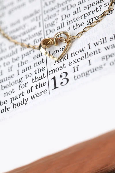 Guld halsband med hjärta på Bibeln — Stockfoto