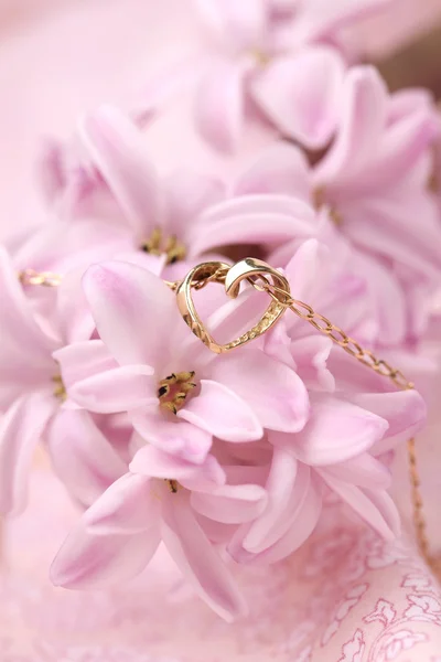 Collar de oro con corazón en jacinto —  Fotos de Stock