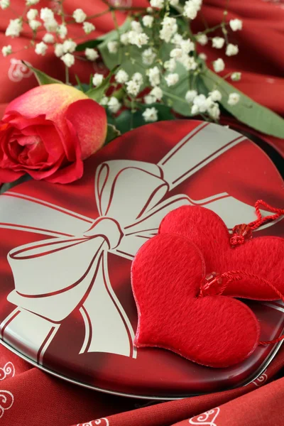 Heart shaped box with heart decoration and rose — Stock Photo, Image