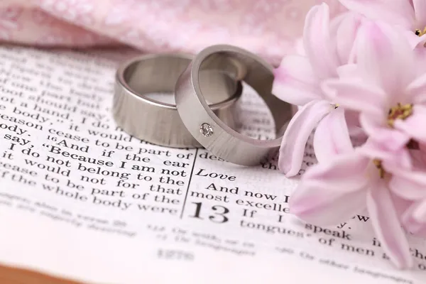 Bíblia e Anéis de Casamento Fotografias De Stock Royalty-Free