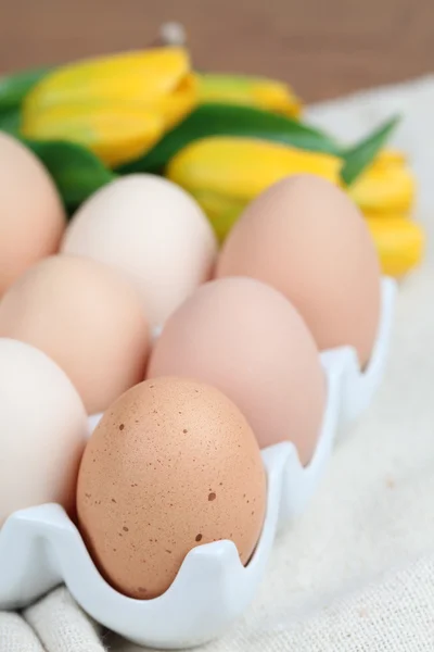 Ovos de galinha marrom e tulipas — Fotografia de Stock