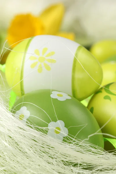 Green Easter eggs and daffodil — Stock Photo, Image