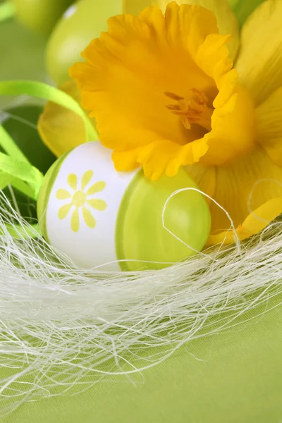 Green Easter eggs and daffodil — Stock Photo, Image