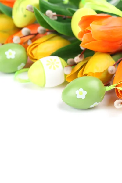 Green Easter eggs and tulips border — Stock Photo, Image