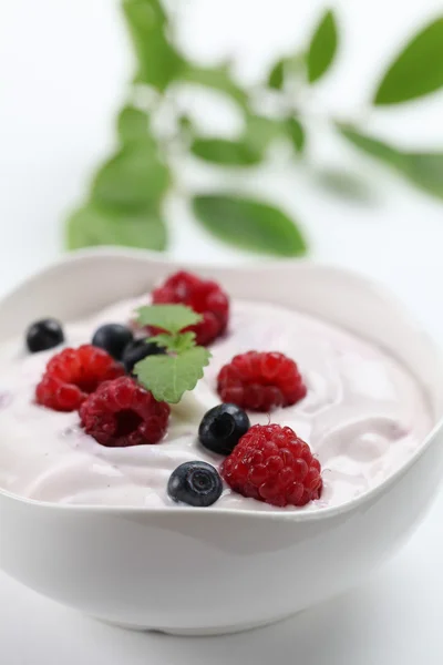 Joghurt mit Himbeeren und Blaubeeren — Stockfoto