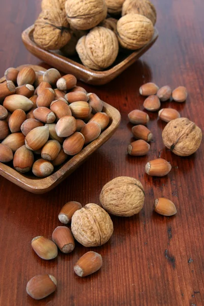 Hazelnuts and walnuts in wooden bowls — Stock Photo, Image