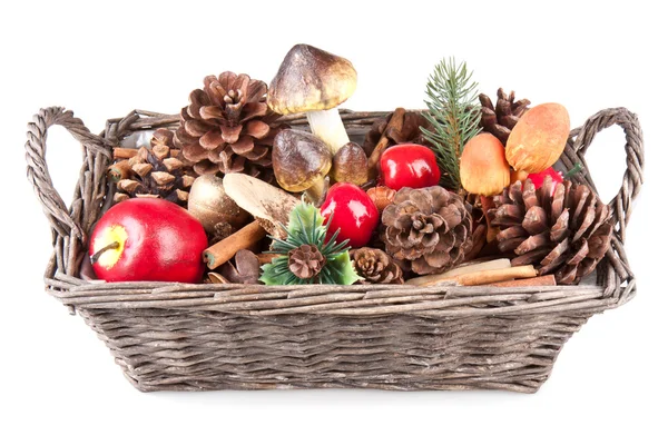 Wooden basket with autumn decoration — Stock Photo, Image