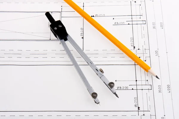 Building plan of reinforced concrete construction with compasses — Stock Photo, Image