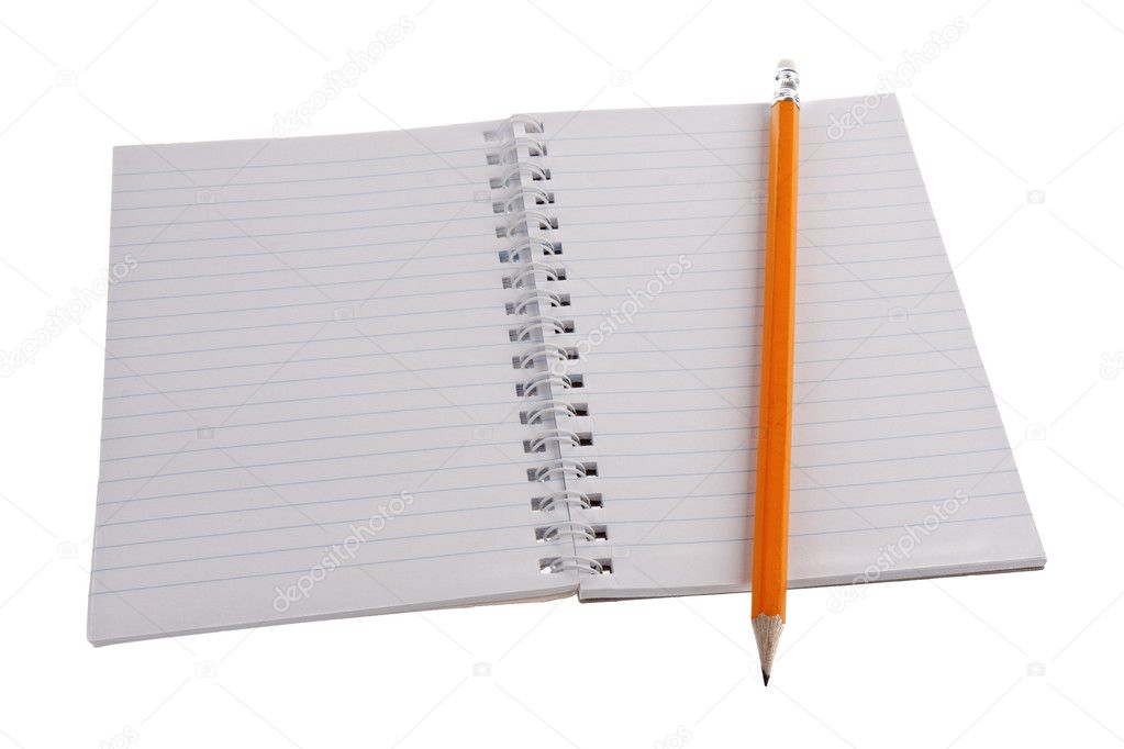 Work book with pencil isolated on white