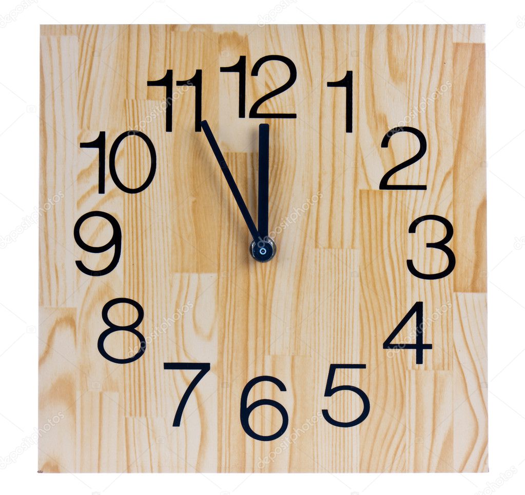 Wooden clock saying five to twelve