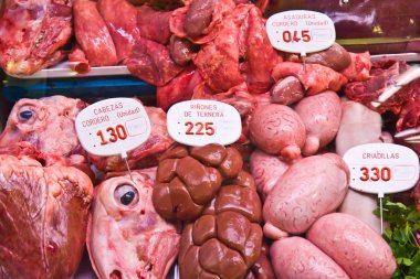 Fresh meat at a market in Barcelona, Spain clipart