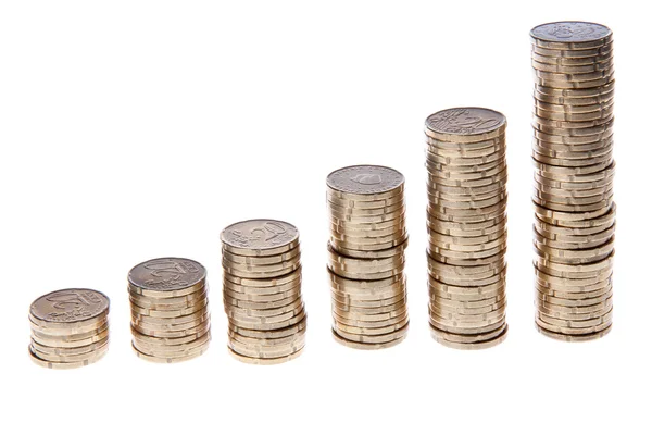 Aumentando pilhas de moedas europeias de 20 cêntimos, isoladas em um branco — Fotografia de Stock