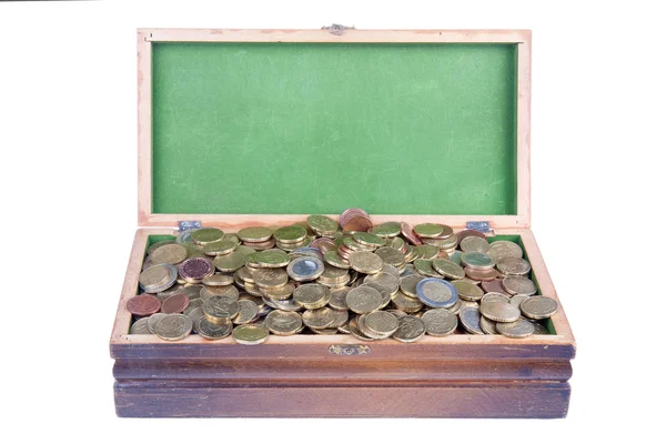 Money chest with lots of european coins — Stock Photo, Image