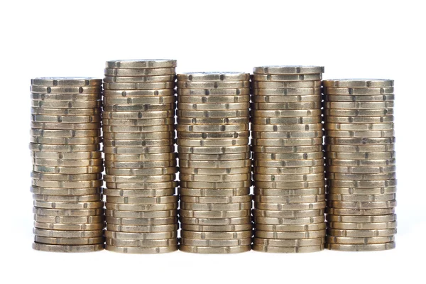 Pilhas de moedas europeias de 20 cêntimos, isoladas num fundo branco — Fotografia de Stock