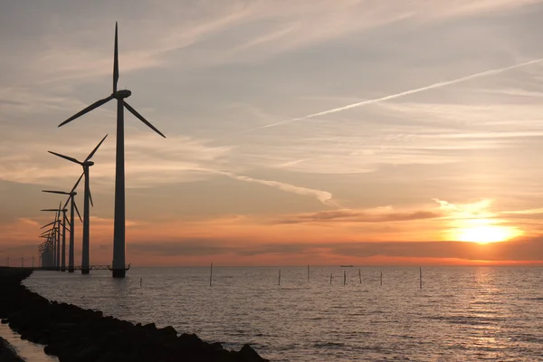 Západ slunce za řádek opravené windturbines v moři — Stock fotografie