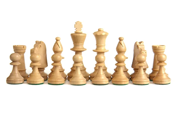 16 vita chesspieces i sin startordning — Stockfoto