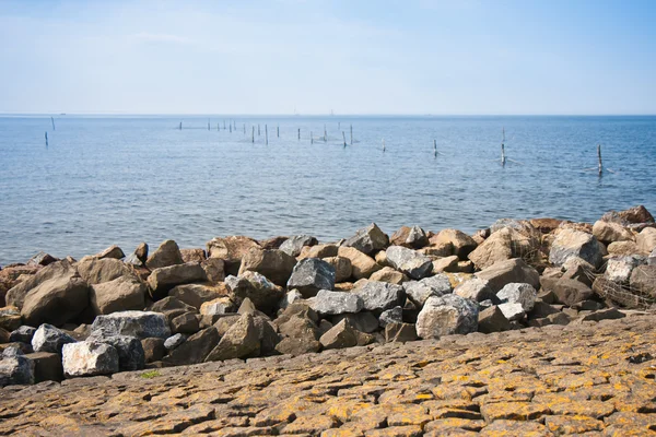 Breakwater of rocks at Dutch coast — Stock Photo, Image