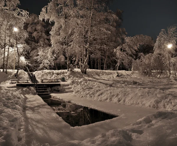 Bevroren meer 's nachts in de winter Rechtenvrije Stockfoto's