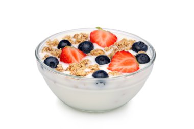 Bowl of yoghurt, with muesli and fruit clipart