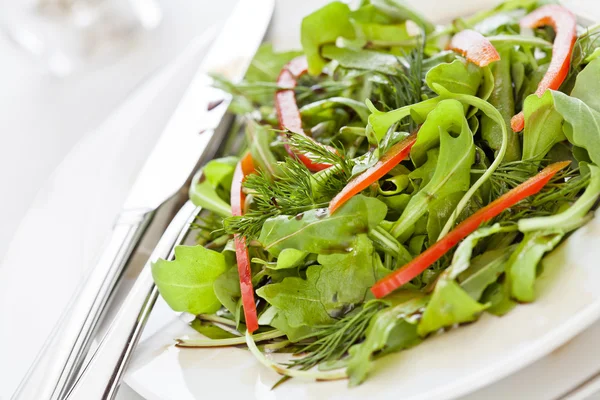 Salada verde fresca com pimentas vermelhas — Fotografia de Stock