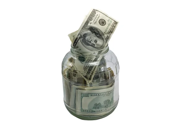 Dollar in einem Glas isoliert auf weißem Hintergrund — Stockfoto