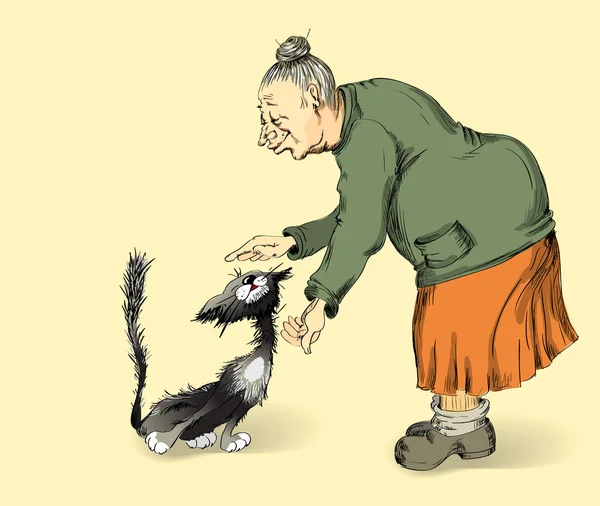 Abuela y gato — Vector de stock