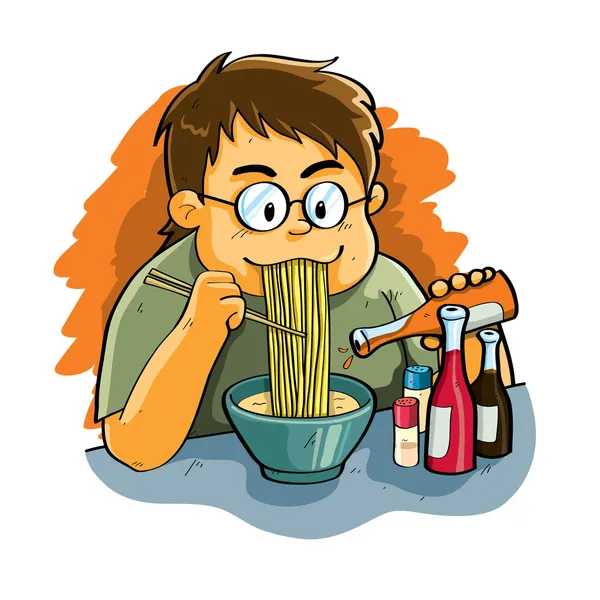 Hombre comiendo fideos — Vector de stock